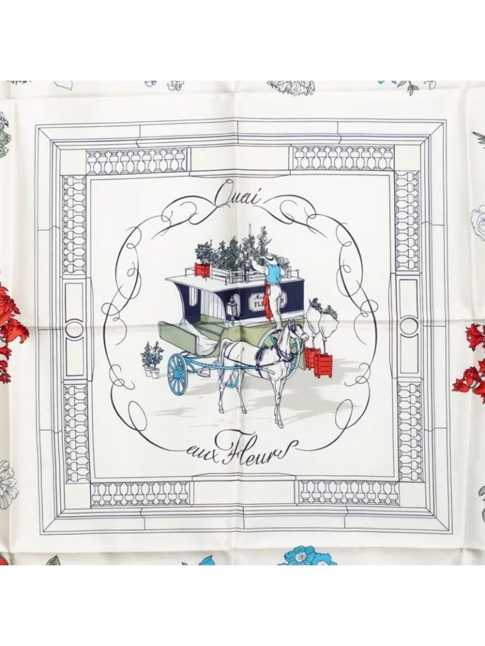 Hermes Carre 90 Quai Aux Fleurs Flower Blooming Coastal Street Scarf White Silk